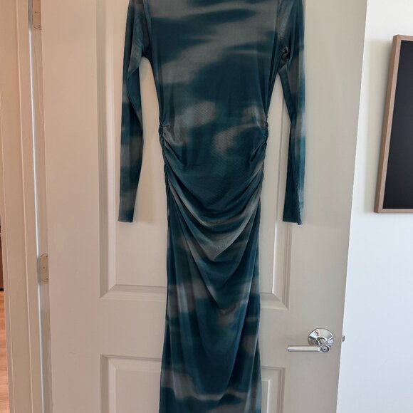Socialite Ruched Mesh Midi Dress in Sage/Teal Size Small - Picture 7 of 7
